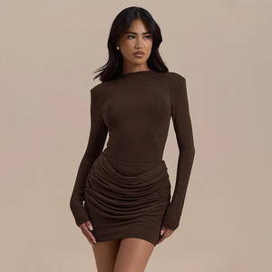Robe mini plissée pour femmes STOCK, sexy, manches longues, moulante, en polyester, pour les fêtes - Product Image 1