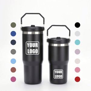 Bouteille d'eau isotherme personnalisée avec logo, 20 oz et 30 oz, en acier inoxydable à double paroi, anti-fuite, avec paille rabattable et poignée - Product Image 1