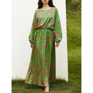 Elegant Polynesian Tribal Tongan Samoa Print Party Dresses Casual Print Waist pleated Lantern Long Sleeve Round Neck Dress