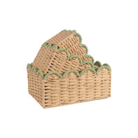 Lot de 3 paniers de rangement rectangulaires gigognes en papier, faits à la main, écologiques, style pastoral, bords festonnés motif pétales de fleurs verts, pour étagère