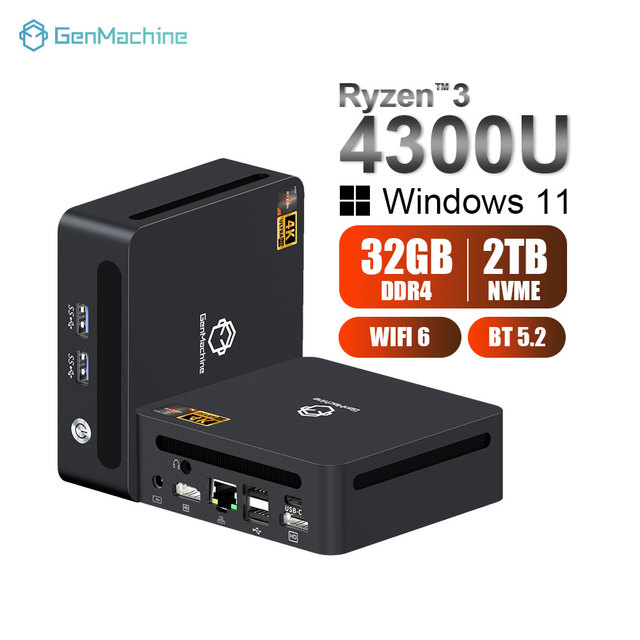 GenMachine AMD Ryzen 3 4300U Gaming Mini Computer 4 Core DDR4 SSD Mini PC Wifi 6 BT 5.2 Wind 11 3 Display 2HD 2USB3.0 Business