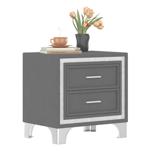 Mid Century Vintage Nightstand With Silver Glitter Strip Metal Legs Velvet <b>Bedside</b> Table 2 Drawers <b>Storage</b> Drawer - Product Image 4