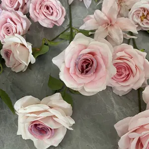 Hot Selling 3 Heads Single Long Stem Artificial Flower Pink Roses Real Touch Latex Silk Rose For Wedding Home Decorative