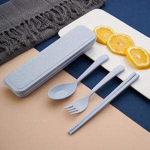 Ensemble de couverts réutilisables en paille de blé, cuillère, fourchette et baguettes portables pour étudiants, voyages en plein air, respectueux de l'environnement - Product Image 3