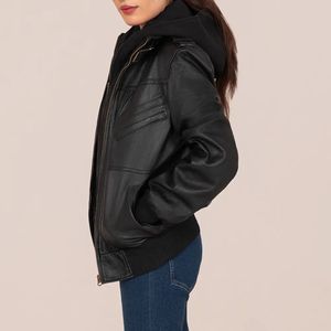 Chaqueta de Motociclista con Capucha Desmontable The Icon de Gilani para Mujer, Negra, de Cuero Genuino, Transpirable, con Cuello de Punto Acanalado - Product Image 6