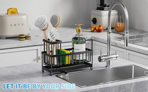Rustproof Metal <b>Kitchen</b> Sink <b>Caddy</b> Organizer with High Brush Holder Black Sponge Holder with Divider - Product Image 2