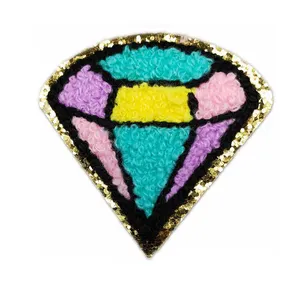 Glitter Logo mahkota Chenille Patch pakaian Applique kustom Logo besi pada huruf bordir Chenille Patch