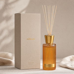 Aikun Retail Gold Metal Logo Ribbed Glass 1200ml <b>Reed</b> <b>Diffuser</b> Set Beige Box Any Scent Long Lasting Low MOQ Fast Turn for Hotels - Product Image 1