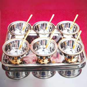 Juego de 6 Tazones Pequeños Desechables para Helado de Latón Pulido y Acero con Cuchara y Bandeja para Hogar, Hotel, Restaurante - Product Image 1