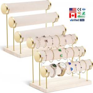 Exhibidor de Joyas de Terciopelo de 3 Niveles Desmontable, Elegante Soporte Organizador para Relojes de Pulsera con Bandeja de Madera - Product Image 1