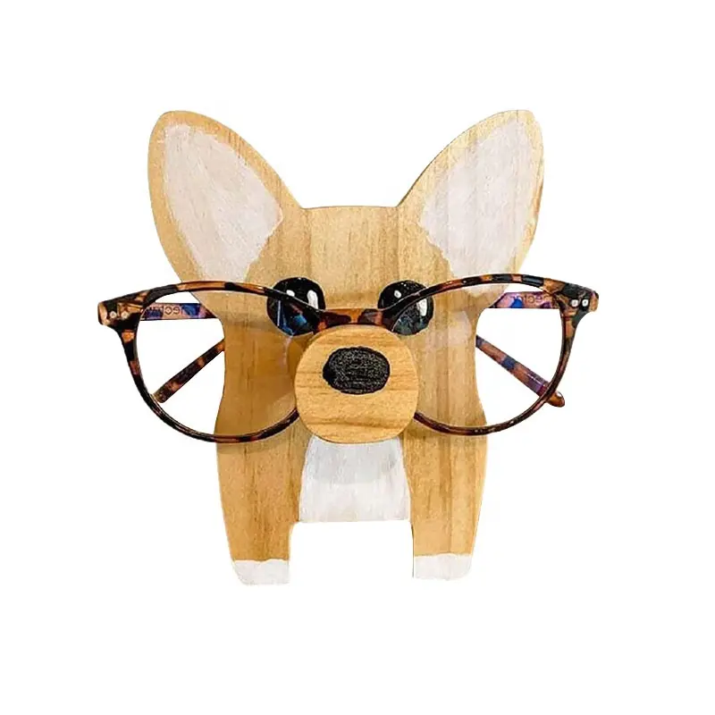 Produk penjualan terlaris baru kacamata anjing lucu pajangan berdiri kayu hewan kecil meja kayu Dekorasi atas