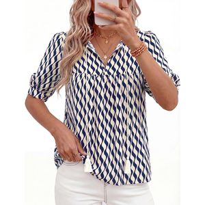 Chemisier d'été bohème pour femme, en mousseline respirante, à nouer devant, col en V, imprimé, coupe ample, manches courtes, style paysanne, tenue de vacances - Product Image 6