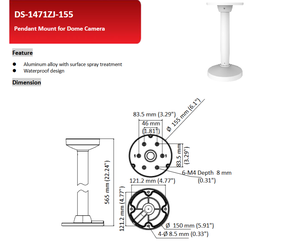 Original DS-1471ZJ-155 CCTV-Halterung Aluminium Decken halterung Anhänger halterung Sicherheits kamera Zubehör 565mm für Kuppel kamera - Product Image 3