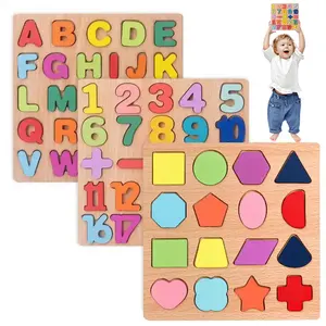 Rätsel für Kleinkinder 3er-Pack hölzern ABC-Alphabet-Zahl-Form Rätsel Kleinkinder-Lernspielzeug für Kinder Jungen und Mädchen