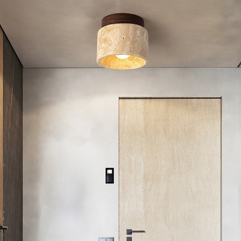 Minimalist Natural Travertine Ceiling Light Wooden Accent Wabi Sabi Stone Surface Mount Ceiling Lamp for Entrance Lighting