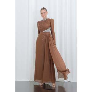 Robe fourreau élégante en mousseline de soie à col haut et taille empire pour le bureau, noire - Product Image 5