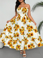 Robe midi pour femme à imprimé tournesol, col licou, corsage smocké, ourlet à volants, taille naturelle, élégante, pour l'été, la plage, les fêtes et les occasions décontractées