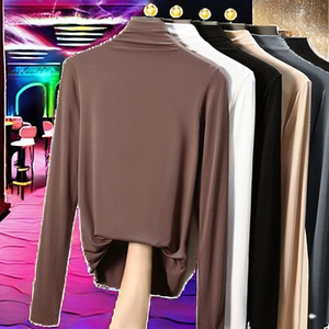 Camisetas de Cuello Alto Ajustadas para Mujer, Camisetas Casuales de Algodón Transpirables, Ropa Sexy para Club, para Primavera y Otoño, Tejido Liso Teñido - Product Image 2