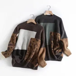 2020 suéter y pulóveres para mujer, cuello redondo, manga larga, Vintage, tejido de leopardo, suéter para mujer, jerséis de otoño, tricot Pull Femme