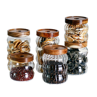 Bocal de conservation en verre borosilicate de qualité alimentaire, hermétique, avec couvercle en bois, soufflé à la main, design côtelé, durable, moderne, pour le café
