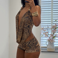 Conjunto de Dos Piezas Tejido con Estampado de Leopardo, Sexy y Casual para Mujer, Top Corto sin Mangas con Escote en V Profundo y Espalda Descubierta con Lazos, Cinturón a la Rodilla, Transpirable