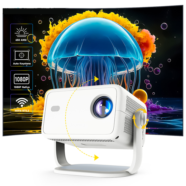 650ANSI L018 Projector Native 1080P Android 14 Auto Focus & Keystone 360° Rotate Wifi6 BT5.4 Airmouse Home Theater