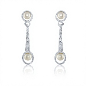 Round Natural Diamond Drop Dangle Pearl <b>Earrings</b> Womens 0.98 Cttw 925 Sterling <b>Silver</b> Prong Set <b>Wedding</b> Wholesale Jewelry - Product Image 1
