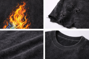 Camiseta Personalizada de Estilo Urbano con Gráfico de Llamas para Hombre, Camiseta Extra Grande de Algodón Lavado con Efecto Desgastado, OEM - Product Image 3