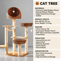 Arbre à chat de luxe classique 127 cm en bois d'hévéa, tour moderne en osier pour chat, capsule spatiale, perchoir à capot en rotin, griffoir en sisal pour grimper