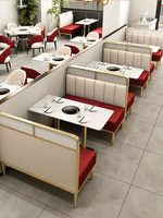Juego de Mesa y Sillas de Restaurante de Lujo Ligero en PU para 4 Personas, Mesa de Comedor Roja y Crema con Asientos Tipo Sofá para Restaurante