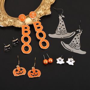 Ensemble de boucles d'oreilles Halloween en alliage, clous d'oreilles citrouille, fantôme, chapeau de sorcière, bijoux de fête pour femme, été 2024 - Product Image 2