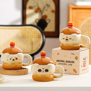 Small Animal Burger Cup with Lid with Spoon Cartoon Drink Cup with Handle Dust Proof Ceramic Couple Cup - Product Image 6