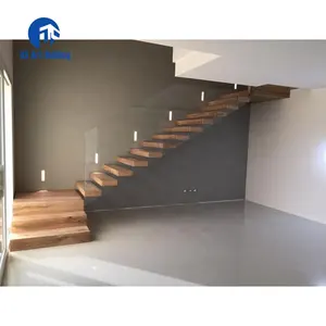 DS豪华现代楼梯玻璃栏杆发光二极管灯浮动直楼梯木质踏板室内楼梯