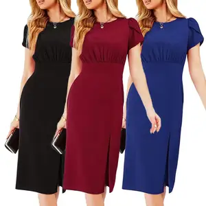 Vestido Midi informal con manga abullonada y dobladillo dividido Ropa De Dama Vestido púrpura para fiesta de banquete Vestido recto elegante para mujer