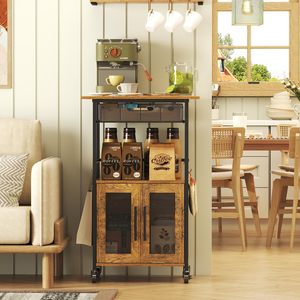 Chariot à café en bois avec armoire de rangement et roulettes, mobilier de cuisine moderne pour station à café ou à vin - Product Image 6