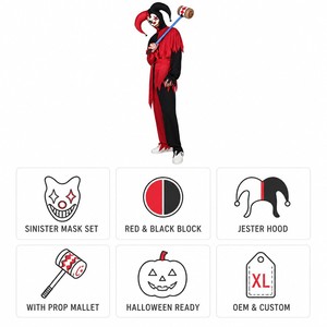 Conjunto de Disfraz de Bufón Malvado con Capucha de Dos Puntas, Máscara Blanca, Túnica Roja y Negra, Pantalones y Accesorios de Halloween, Incluye Mazo - Product Image 6