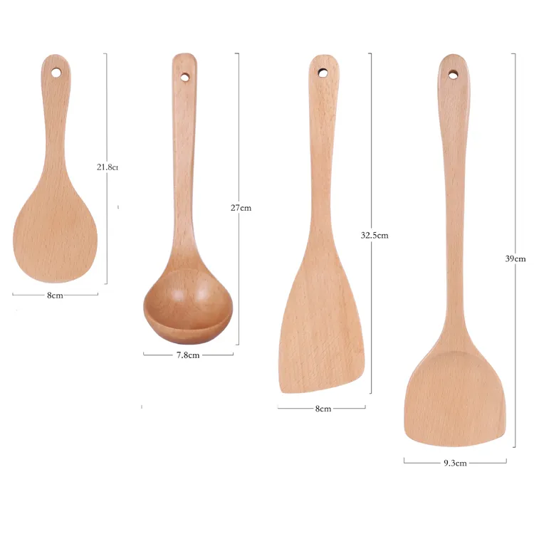 Beech long handle frying pan shovel wooden spoon set non-stick wooden shovel