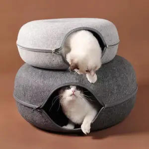 Cat Tunnel Bed Peekaboo Cave for Indoor Cats Scratch Resistant Washable Detachable Round Felt Cat Donut Tunnel Small Pets