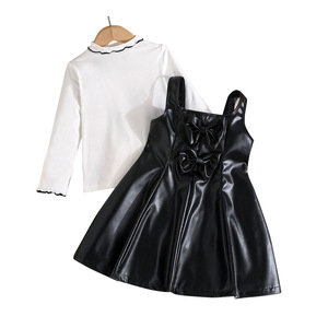 Spring Autumn Simple Fresh Style <strong>White</strong> Top + Black <strong>Leather</strong> Suspender <strong>Skirt</strong> Children's Girls Clothing Sets - Product Image 6