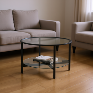 Mesa de Centro de Vidrio Templado con Marco de Hierro Negro, Mueble Moderno para Sala de Estar, Diseño Elegante, Forma Redonda - Product Image 2