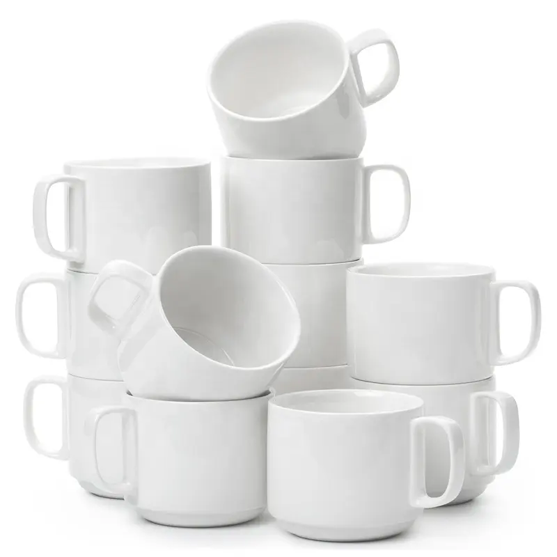 Tazas de café apilables blancas de cerámica de 12oz, taza de té de porcelana duradera de alta calidad para regalo de promoción apta para lavavajillas