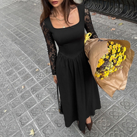 Robe longue élégante noire à coupe trapèze décontractée avec manches en dentelle pour femme, col carré, manches longues, style français, printemps-automne