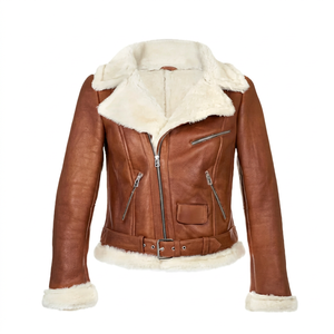 Chaqueta de moto gruesa de piel sintética PU marrón para mujer, cálida, con capucha y cremallera, estilo motero - Product Image 1