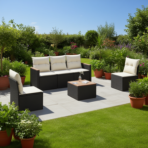 Ensemble de salon de jardin en rotin noir et crème, 6 pièces, mobilier d'extérieur au design contemporain pour terrasse et patio - Product Image 2
