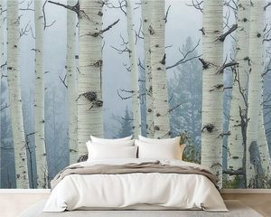 <span class=keywords><strong>Papier</strong></span> peint mural 3D effet brouillard forêt de bouleaux, autocollant, grand format, paysage naturel, pour hôtels et restaurants - Product Image 6
