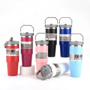Gobelet isotherme en acier inoxydable à double paroi de 30 oz, tasse à café thermique, gobelet de voiture avec paille et poignée - Product Image 4