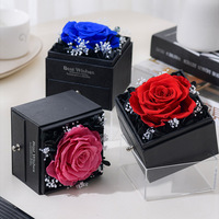 Boîte à bijoux en acrylique véritable fleur de rose unique éternelle avec double tiroir pour bague et collier Boîte cadeau préservée pour la fête des mères