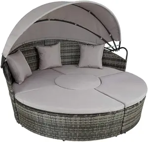 Outdoor Furniture Wicker Sofa With Retractable Canopy/ Round Rattan Daybed