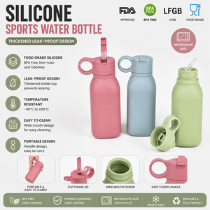Bouteille d'eau en silicone avec couvercle à paille, anti-fuite, réutilisable, en silicone de qualité alimentaire, bouteille portable pour enfants, voyages en plein air - Product Image 1