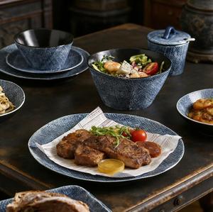 Modern Cartoon <b>Dinnerware</b> <b>Sets</b> Nordic Denim Textured Tableware Creative Salad Bowl Dinner Plates Blue Ceramic Dishwasher Safe - Product Image 2